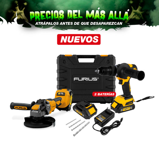 COMBO ESMERILADORA ANGULAR 4-1 + TALADRO PERCUTOR INALAMBRICO SIN ESCOBILLAS
