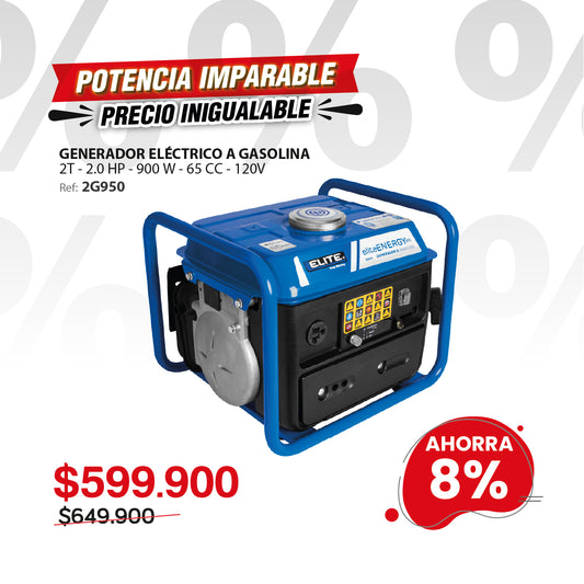 Planta eléctrica portátil a gasolina ELITE 950W 120V 2 tiempos