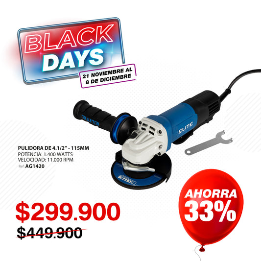 Esmeriladora 4-1/2" (pul), 1.400W, 11.000RPM, 110V-60HZ, Palanca de accionamiento tipo paleta