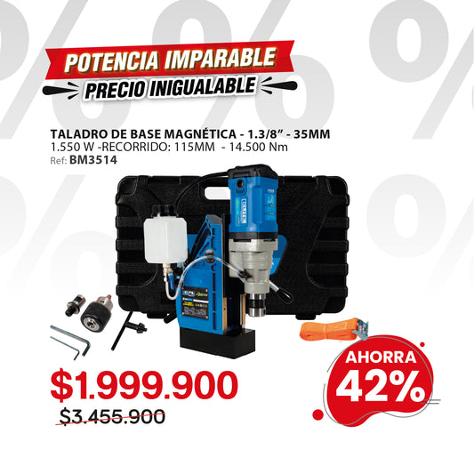 Taladro de Base Magnetica BM3514 ADVANCE, Encastre Tipo Weldon, con capacidad de perforacion maxima de 35mm (1-3/8pul).