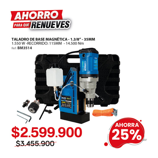 Taladro de Base Magnetica BM3514 ADVANCE, Encastre Tipo Weldon, con capacidad de perforacion maxima de 35mm (1-3/8pul).