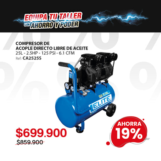 Compresor de acople directo libre de aceite 25 Lts  2.5 Hp, 125 PSI, 6,1 CFM, 110V-60Hz