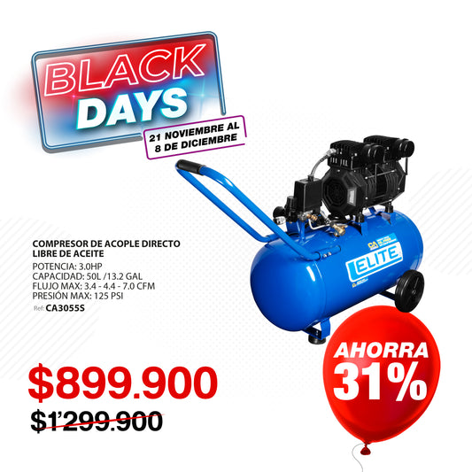 Compresor de acople directo libre de aceite 50 Lts  3.0 Hp, 125 PSI, 7.0 CFM, 110V-60Hz