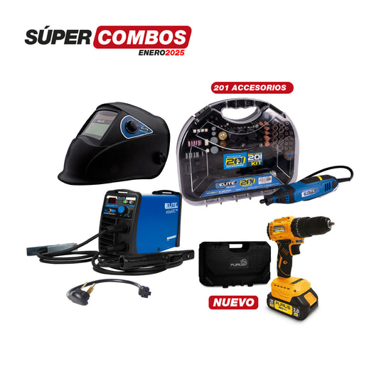 Combo Soldador Inversor 150A + Careta + Kit Mototool + Taladro Inalámbrico