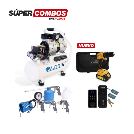 Combo Compresor + Taladro Inalámbrico + Cerradura Inteligente + Kit Accesorios Compresor