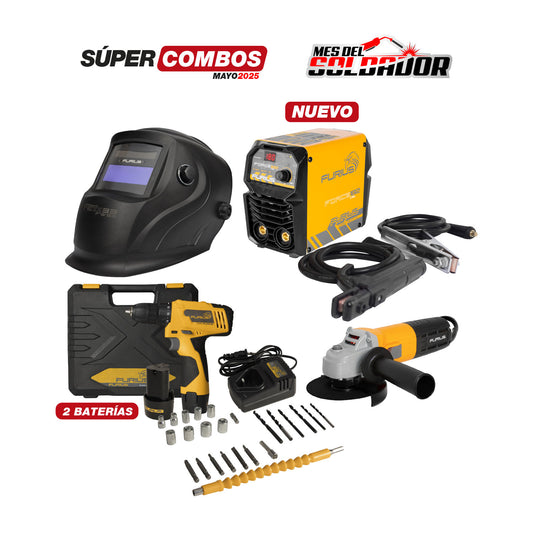 COMBO CARETA ELECTRÓNICA FURIUS FENIX 33 + SOLDADOR INVERSOR FURIUS FORCE 182 CEL - 180 AMP + KIT TALADRO INALÁMBRICO + PULIDORA 4.1/2