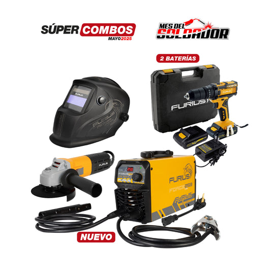 COMBO SOLDADOR INVERSOR FURIUS FORCE 253 + CARETA ELECTRÓNICA FURIUS FENIX 35 + TALADRO PERCUTOR/ATORNILLADOR INALÁMBRICO 1/2” + PULIDORA 4.1/2” - 115MM 800 W - 12.000 RPM