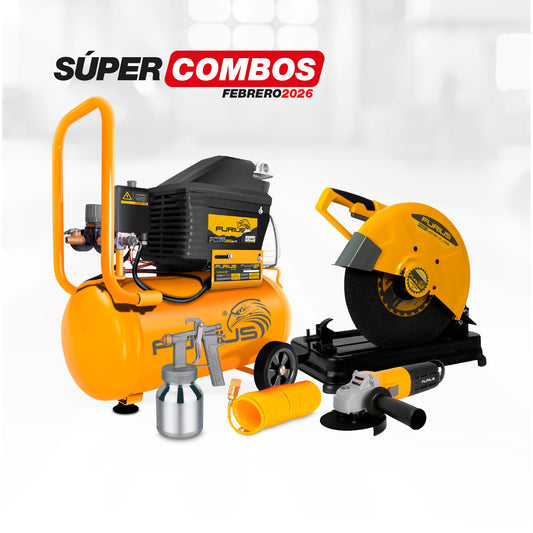 COMBO TRONZADORA 2500w 4.000 RPM + COMPRESOR FURIUS 25LT 2 HP + ESMERILADORA ANGULAR 4 1/2 PULG
