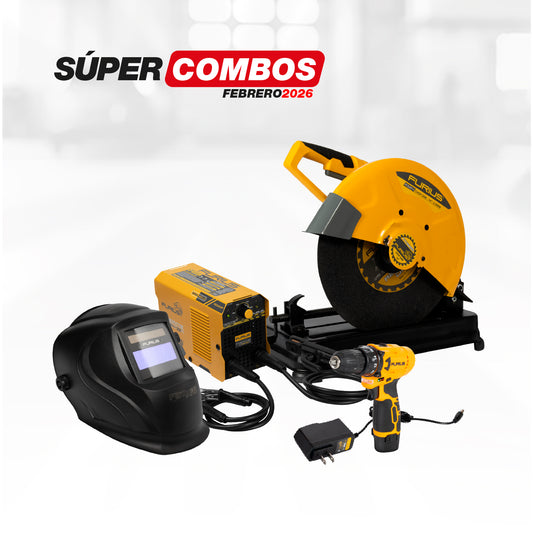 COMBO SOLDADOR INVERSOR + CARETA FOTOSENSIBLE + TRONZADORA 2500w 4.000 RPM + TALADRO INALAMBRICO 3/8PUL