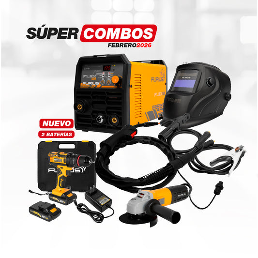 COMBO SOLDADOR INVERSOR MULTIPROPOSITO + TALADRO PERCUTOR INALAMBRICO 21V 1/2 + ESMERILADORA ANGULAR 4 1/2 PULG + CARETA FOTOSENSIBLE