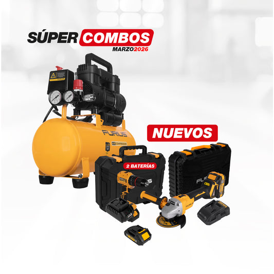 COMBO COMPRESOR DE AIRE SILENCIOSO + TALADRO PERCUTOR INALAMBRICO + ESMERILADORA ANGULAR INALAMBRICA