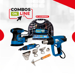 COMBO MOTO TOOL 180W MANGO ENCUCHETADO + LIJADORA ROTO ORBITAL 350W + PISTOLA DE CALOR 50-550GRADOS