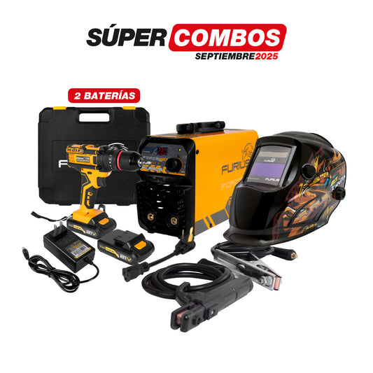 COMBO SOLDADOR INVERSOR + CARETA ELECTRONICA + TALADRO PERCUTOR INALAMBRICO