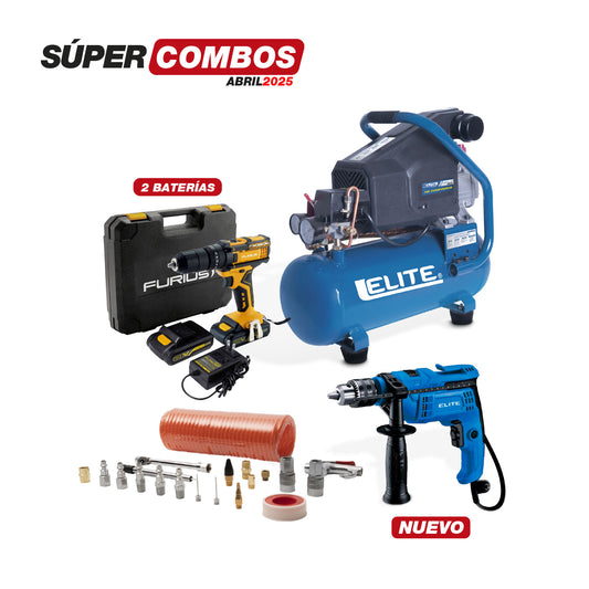 COMPRESOR LUBRICADO / ACOPLE DIRECTO 1.5HP - 10L - 4.1 CFM - 125 PSI + TALADRO PERCUTOR/ATORNILLADOR INALÁMBRICO 1/2” - 13MM + KIT DE ACCESORIOS PARA COMPRESORES DE AIRE - 20PIEZAS + TALADRO PERCUTOR 1/2” - 13MM 750 W - 50.000 GPM