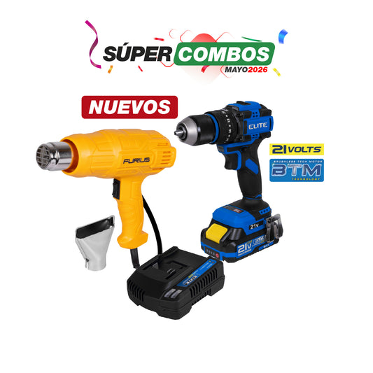 COMBO TALADRO DE IMPACTO INALÁMBRICO 21V + PISTOLA DE CALOR FURIUS 1800W