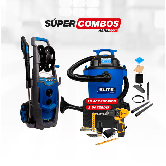 COMBO HIDROLAVADORA ELECTRICA 2400W + ASPIRADORA 6GAL 4HP + TALADRO ATORNILLADOR INALAMBRICO 12V
