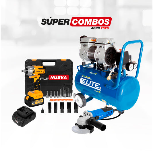 COMBO LLAVE DE IMPACTO INALAMBRICA + ESMERILADORA ANGULAR 4 1/2 800W + COMPRESOR LIBRE DE ACEITE 24