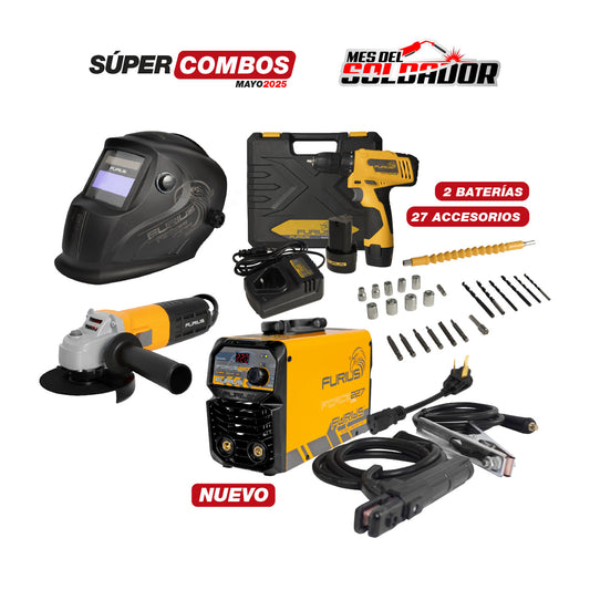 COMBO SOLDADOR INVERSOR FURIUS FORCE 227 CEL + CARETA ELECTRÓNICA FURIUS FENIX 35 + KIT TALADRO INALÁMBRICO + PULIDORA 4.1/2” - 115MM