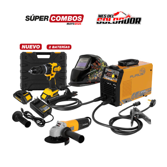 COMBOSOLDADOR INVERSOR FURIUS FIX 205 CEL + CARETA ELECTRÓNICA FURIUS FENIX 83 DRAGÓN + TALADRO PERCUTOR INALÁMBRICO BRUSHLESS TECH - 1/2” + PULIDORA 4.1/2” - 115MM 800 W