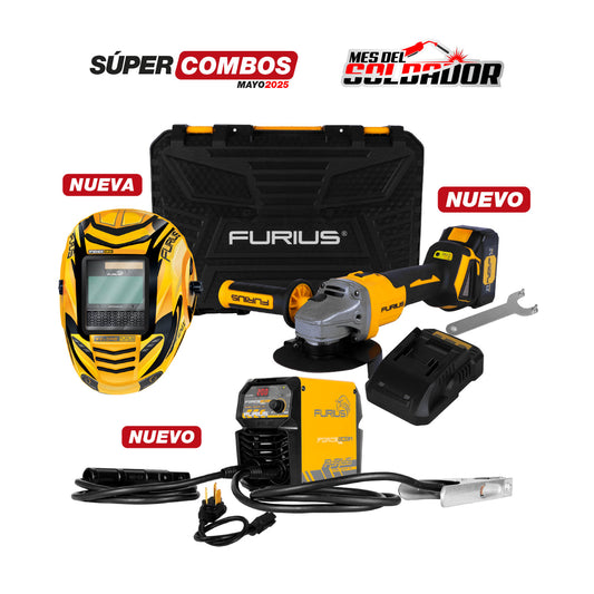 COMBO PULIDORA INALÁMBRICA BRUSHLESS TECH - 4.1/2” - 115MM + SOLDADOR INVERSOR FURIUS FORCE 203MCEL - 200 AMP + CARETA FOTOSENSIBLE FURIUS FENIX 991