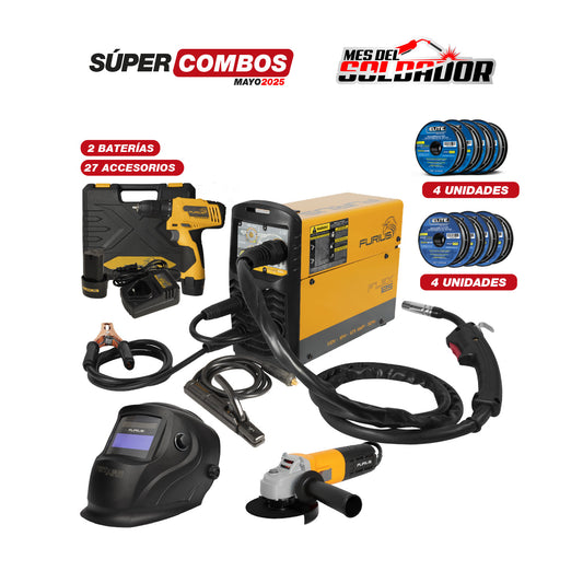 SOLDADOR INVERSOR MULTIPROCESO FURIUS FLEX 125 - 125 AMP + KIT TALADRO INALÁMBRICO +  CARETA ELECTRÓNICA FURIUS FENIX 33 + PULIDORA 4.1/2” - 115MM 800 W + ROLLO DE SOLDADURA + ROLLO DE SOLDADURA E71T-GS ACERO AL CARBONO