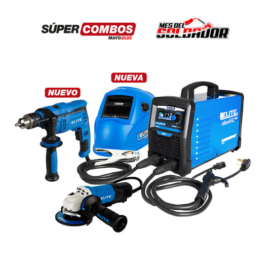 COMBO SOLDADOR INVERSOR ELITE ARC 250 S - 250 AMP + CARETA ELECTRÓNICA ELITE VARIOMATIC 551 + TALADRO PERCUTOR 1/2” + PULIDORA DE 4.1/2” - 115MM