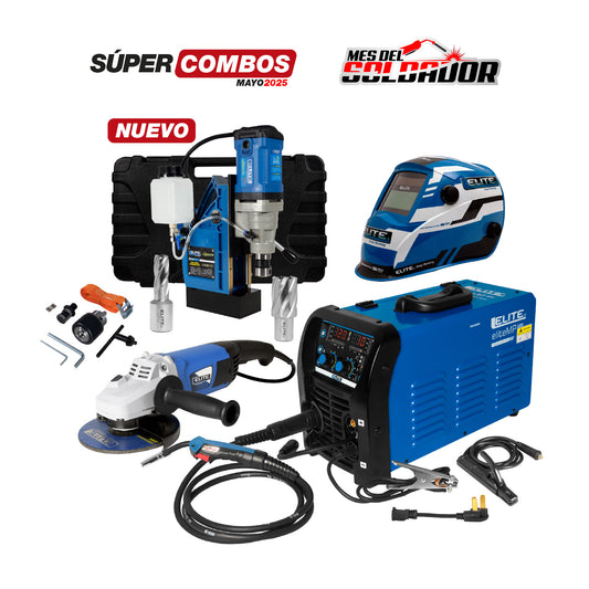 COMBO SOLDADOR INVERSOR MULTIPROCESO  ELITE MP 220 - 220 AMP + CARETA ELECTRÓNICA ELITE VARIOMATIC 530 + TALADRO DE BASE MAGNÉTICA 1.3/8” + PULIDORA DE 7” - 180MM + BROCA ANULAR + BROCA ANULAR 1” x 1”