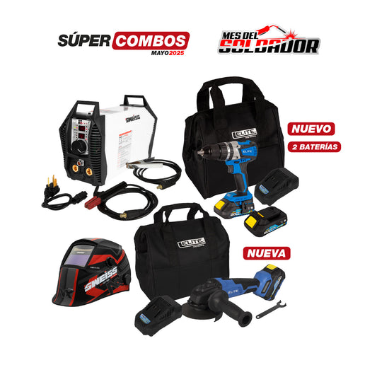 COMBO SOLDADOR INVERSOR SWEISS SKY MAX 2040 NX - 200 AMP TECNOLOGÍA WELD 360 + TALADRO PERCUTOR/ATORNILLADOR INALÁMBRICO BRUSHLESS DE 1/2” + PULIDORA INALÁMBRICA BRUSHLESS DE 5” + CARETA ELECTRÓNICA SKYVIEW 620 NX