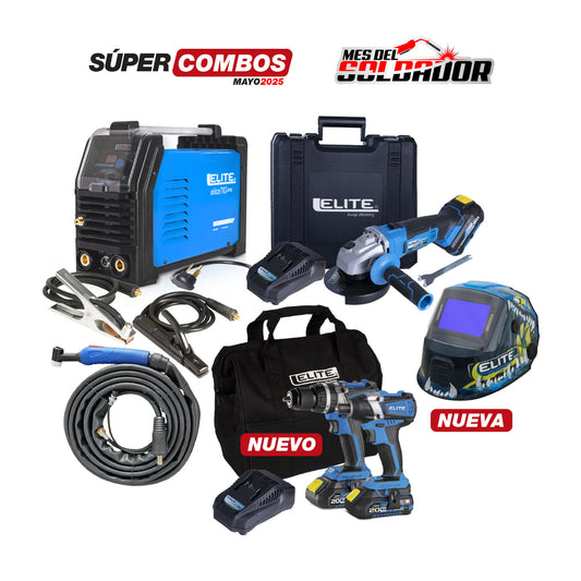 COMBO  KIT TALADRO PERCUTOR INALÁMBRICO DE 1/2”+ ATORNILLADOR DE IMPACTO INALÁMBRICO DE + SOLDADOR INVERSOR ELITE TIG 210 - 200 AMP + PULIDORA INALÁMBRICA DE 4.1/2” - 115MM
