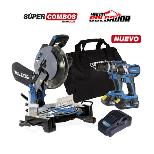 COMBO  KIT TALADRO PERCUTOR INALÁMBRICO DE 1/2”+ ATORNILLADOR DE IMPACTO INALÁMBRICO DE 1/4” BRUSHLESS TECH + SIERRA INGLETEADORA 10” 1.800 W - 4.800 RPM - GUÍA LÁSER