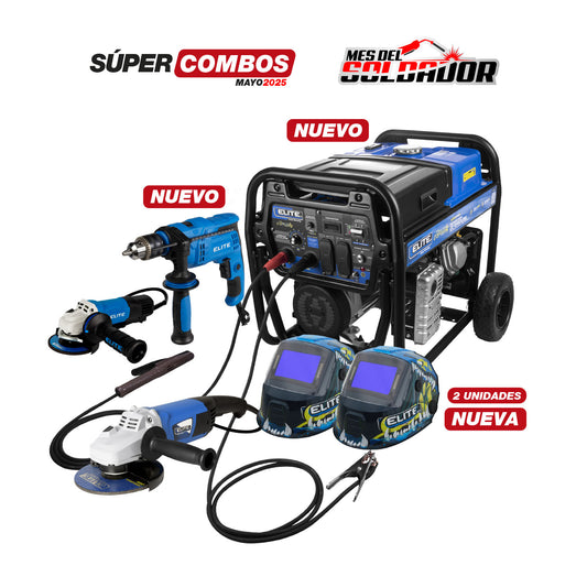 COMBO MOTO SOLDADOR GASOLINA 4T + TALADRO PERCUTOR 1/2” + CARETA ELECTRÓNICA ELITE VARIOMATIC 820 + PULIDORA DE 7” + PULIDORA DE 4.1/2”