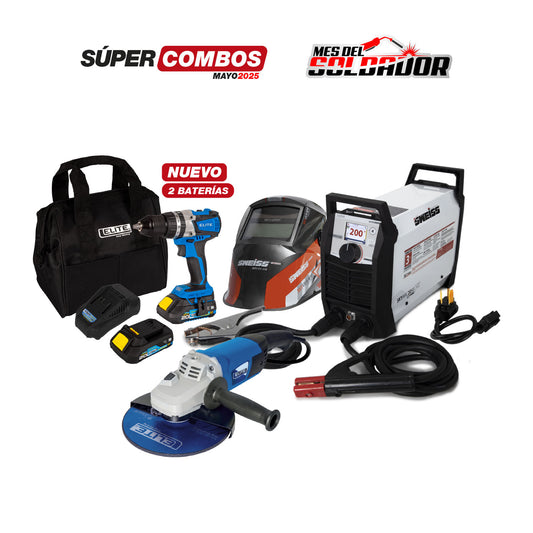 COMBO TALADRO PERCUTOR ATORNILLADOR INALÁMBRICO + SOLDADOR INVERSOR SWEISS SKY ARC 2050 FX PRO - 200 AMP TECNOLOGÍA WELD 360 + CARETA ELECTRÓNICA SKYVIEW 610 SWEISS + PULIDORA DE 9” - 230MM