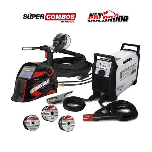 COMBO SOLDADOR INVERSOR SWEISS SKY ARC 2050 FX PRO - 200 AMP TECNOLOGÍA WELD 360 + ANTORCHA SPOOL GUN - 6M SWEISS TITAN WELD360 + CARETA ELECTRÓNICA SKYVIEW 620 NX + ROLLO DE SOLDADURA FCAW + ROLLO DE SOLDADURA MIG + ROLLO DE SOLDADURA FCAW