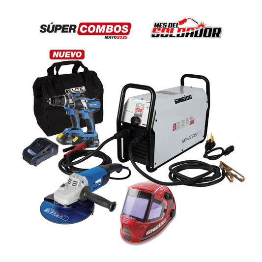 COMBO SOLDADOR INVERSOR SWEISS SKY ARC 3250 MX + KIT TALADRO PERCUTOR INALÁMBRICO DE 1/2”+ ATORNILLADOR DE IMPACTO INALÁMBRICO DE 1 + CARETA ELECTRÓNICA STELLARVIEW 930 + PULIDORA DE 9” - 230MM