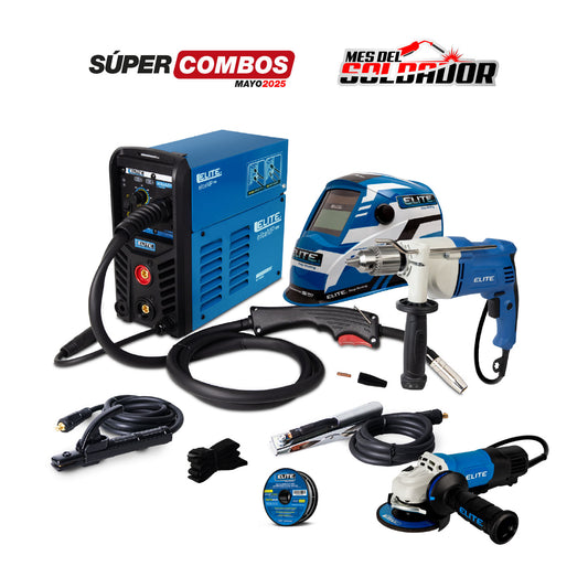 COMBO SOLDADOR INVERSOR MULTIPROCESO ELITE MP 130 - 130 AMP + CARETA ELECTRÓNICA ELITE VARIOMATIC 530 + TALADRO DE ROTACIÓN 1/2”- 13MM + PULIDORA DE 4.1/2” + ROLLO DE SOLDADURA E71T-GS ACERO AL CARBONO