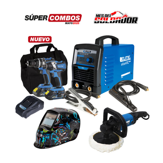 COMBO SOLDADOR INVERSOR ELITE ARC 300 S - 300 AMP + CARETA ELECTRÓNICA ELITE VARIOMATIC 750 + KIT TALADRO PERCUTOR INALÁMBRICO DE 1/2”+ ATORNILLADOR DE IMPACTO INALÁMBRICO DE 1/4” + PULIDORA DE FELPA DE 7”