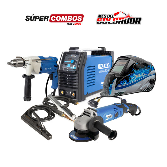 COMBO SOLDADOR INVERSOR ELITE ARC 180 S - 180 AMP + CARETA ELECTRÓNICA VARIOMATIC 510 (CARBÓN) + TALADRO DE ROTACIÓN 1/2”- 13MM 900 W - 1.200 RPM + PULIDORA DE 4.1/2” - 115MM 1.200 W - 11.000 RPM