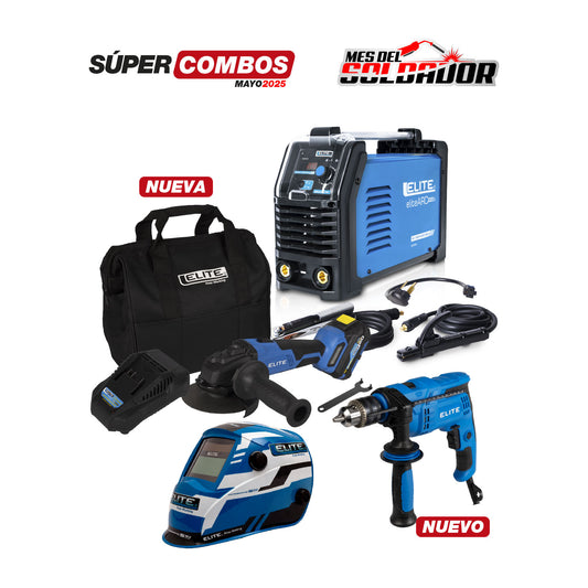 COMBO SOLDADOR INVERSOR ELITE ARC 220 S - 220 AMP + CARETA ELECTRÓNICA ELITE VARIOMATIC 530 + PULIDORA INALÁMBRICA BRUSHLESS DE 5”  + TALADRO PERCUTOR 1/2” +