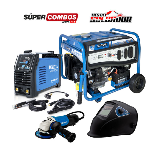COMBO GENERADOR ELÉCTRICO A GASOLINA ENERGY 10000 - 4T + SOLDADOR INVERSOR ELITE ARC 220 S - 220 AMP + PULIDORA DE 4.1/2” 1.400 W - 11.000 RPM + CARETA ELECTRÓNICA VARIOMATIC 501 (NEGRA
