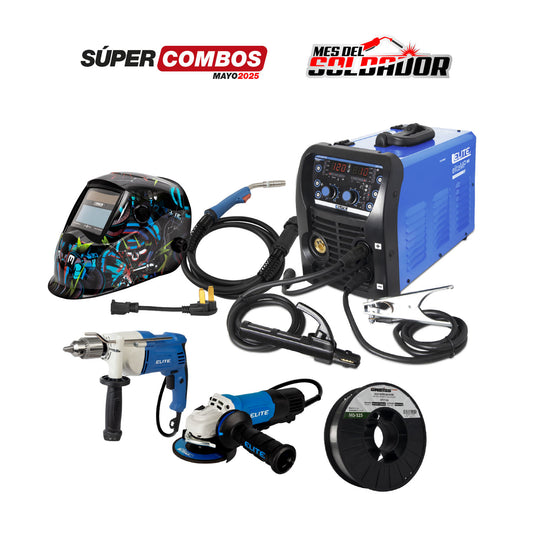 COMBO SOLDADOR INVERSOR MULTIPROCESO ELITE MP 180 - 180 AM + CARETA ELECTRÓNICA ELITE VARIOMATIC 750 + TALADRO DE ROTACIÓN 1/2”- 13MM + ROLLO DE SOLDADURA FCAW (S-S) A5.20 + PULIDORA DE 4.1/2”