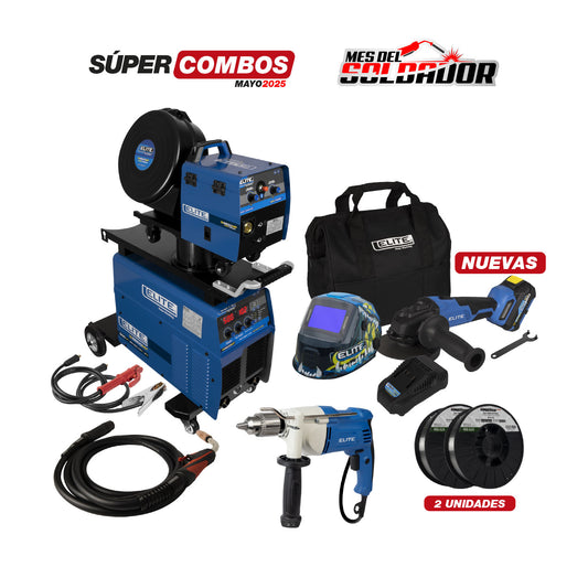 COMBO SOLDADOR INVERSOR ELITE MIG 500MP - 500 AMP + TALADRO DE ROTACIÓN 1/2” + CARETA ELECTRÓNICA ELITE VARIOMATIC 820 + PULIDORA INALÁMBRICA BRUSHLESS DE 5 + ROLLO DE SOLDADURA FCAW (S-S) A5.20 + ANTORCHA MIG EURO 450A 5m