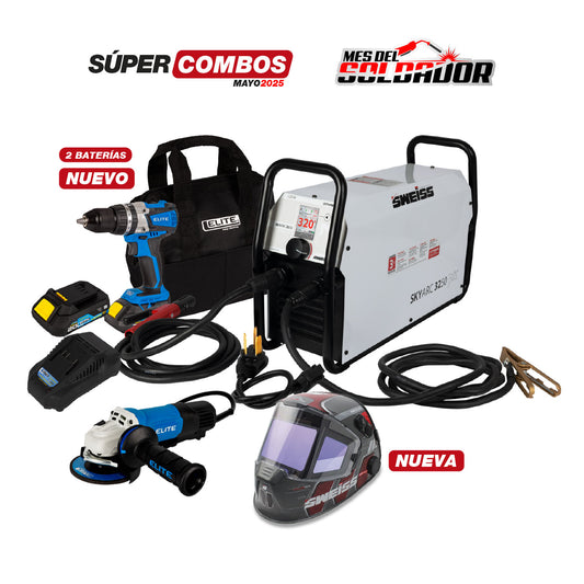 COMBO TALADRO PERCUTOR ATORNILLADOR INALÁMBRI + SOLDADOR INVERSOR SWEISS SKY ARC 3250 MX - 320 AMP + CARETA ELECTRÓNICA STELLARVIEW 940 + PULIDORA DE 4.1/2” +