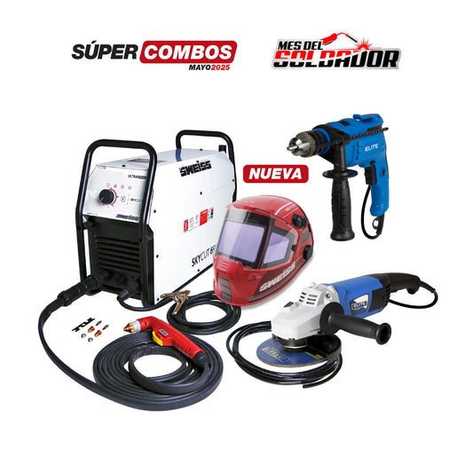 COMBO EQUIPO DE CORTE POR PLASMA SWEISS SKY CUT 690 - 60 AMP + CARETA ELECTRÓNICA STELLARVIEW 930 + TALADRO PERCUTOR 1/2” - 13MM + PULIDORA DE 7”