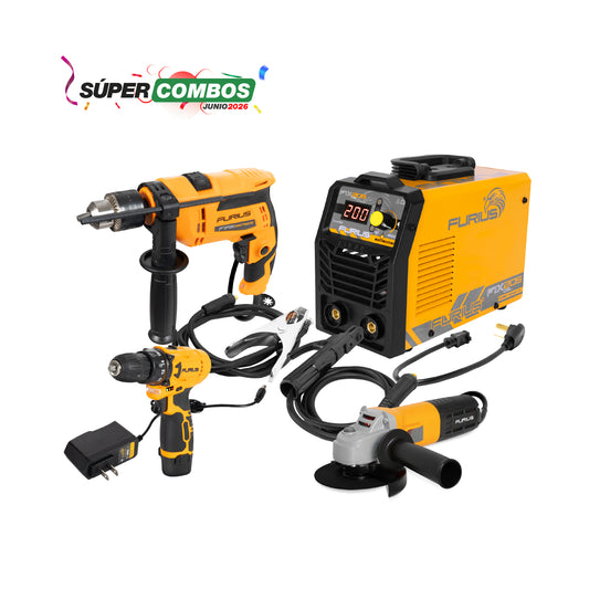 COMBO SOLDADOR INVERSOR + TALADRO PERCUTOR 1/2INCH + ESMERILADORA ANGULAR 4 1/2 + TALADRO INALAMBRICO 3/8PUL