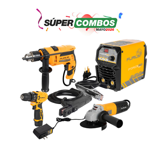 COMBO SOLDADOR INVERSOR + TALADRO PERCUTOR 1/2INCH + ESMERILADORA ANGULAR 4 1/2 PULG + TALADRO INALAMBRICO 3/8PUL