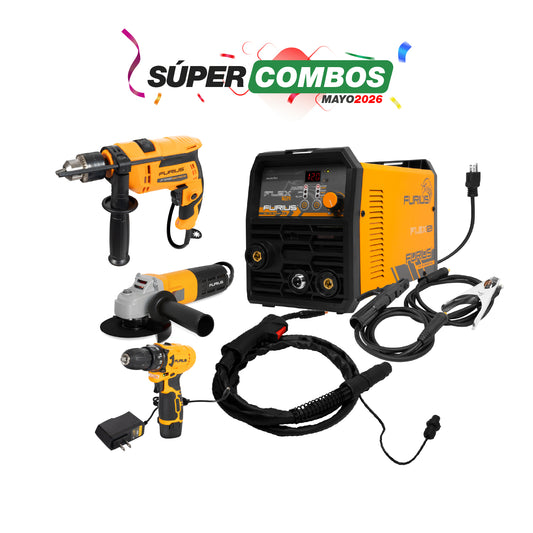COMBO SOLDADOR INVERSOR MULTIPROPOSITO + TALADRO PERCUTOR 1/2INCH + TALADRO INALAMBRICO 3/8PUL + ESMERILADORA ANGULAR 4 1/2