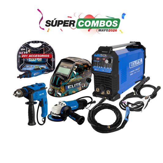 COMBO SOLDADOR INVERSOR + CARETA ELECTRONICA + ESMERILADORA ANGULAR 4-1/2PUL + TALADRO PERCUTOR 1/2PUL + MOTO TOOL 180W