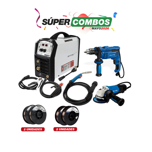 COMBO SOLDADOR INVERSOR + ROLLO SOLDADURA + ROLLO SOLDADURA + ESMERILADORA ANGULAR + TALADRO PERCUTOR 1/2PUL