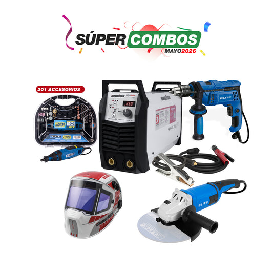 COMBO SOLDADOR INVERSOR + TALADRO PERCUTOR 1/2PUL + ESMERILADORA ANGULAR + MOTO TOOL 180W + CARETA ELECTRONICA