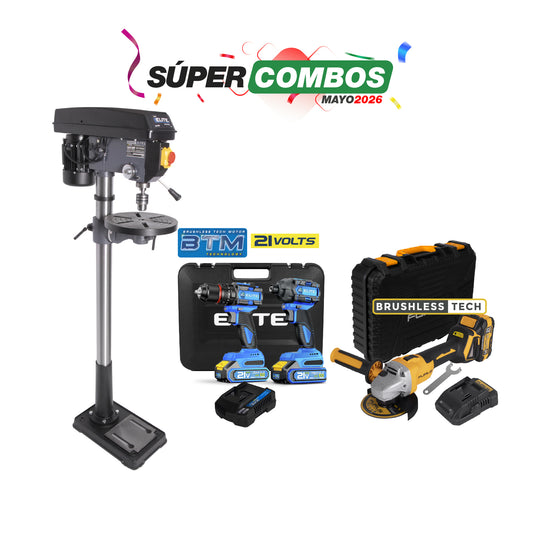 COMBO TALADRO DE ARBOL 550W + KIT TALADRO DE IMPACTO INALÁMBRICO + ESMERILADORA ANGULAR